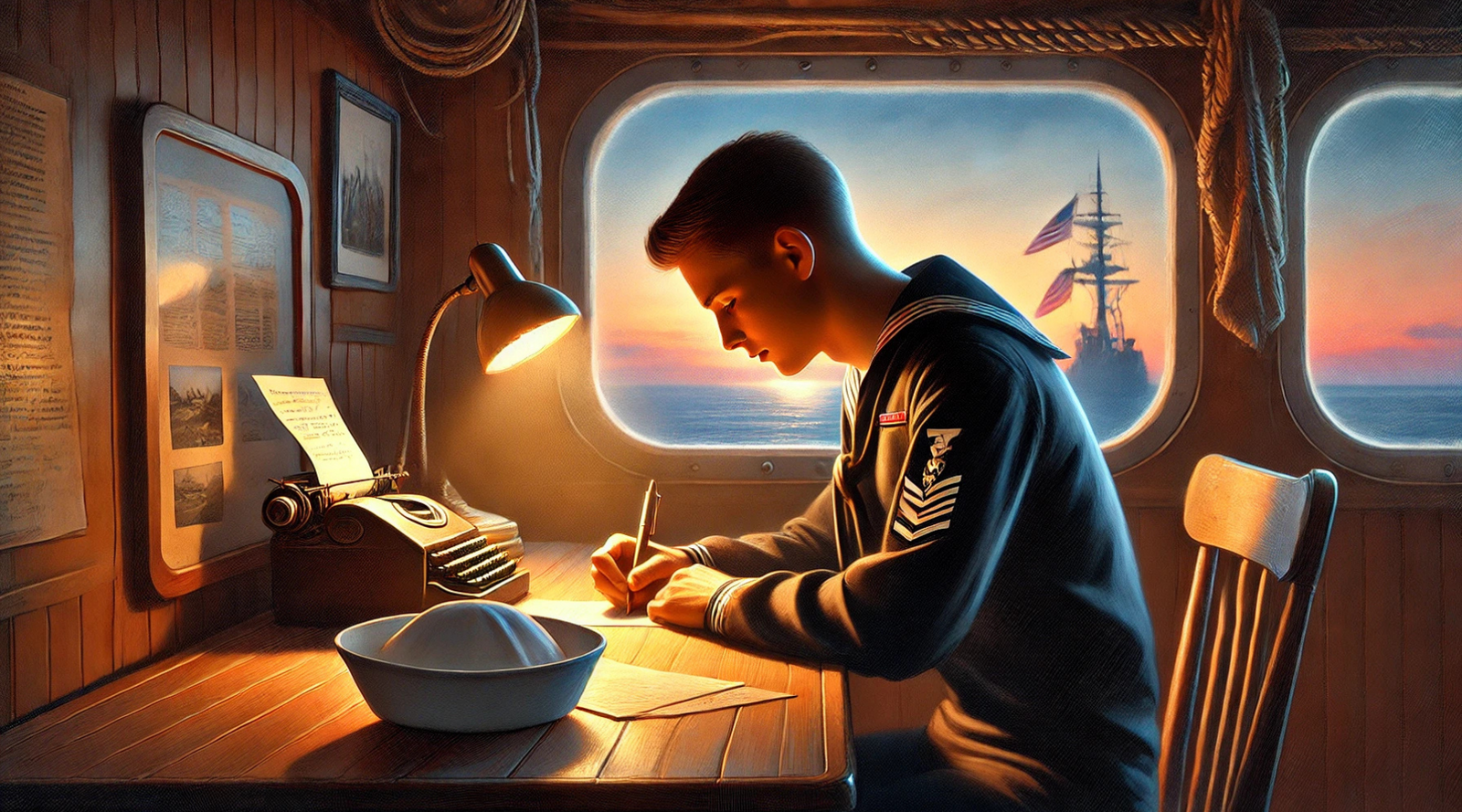 US Navy sailor in uniform writing a letter at a wooden desk in a ship’s cabin, with a warm desk lamp, ocean sunset, Navy cap, folded American flag, and family photo adding a heartfelt, reflective atmosphere.